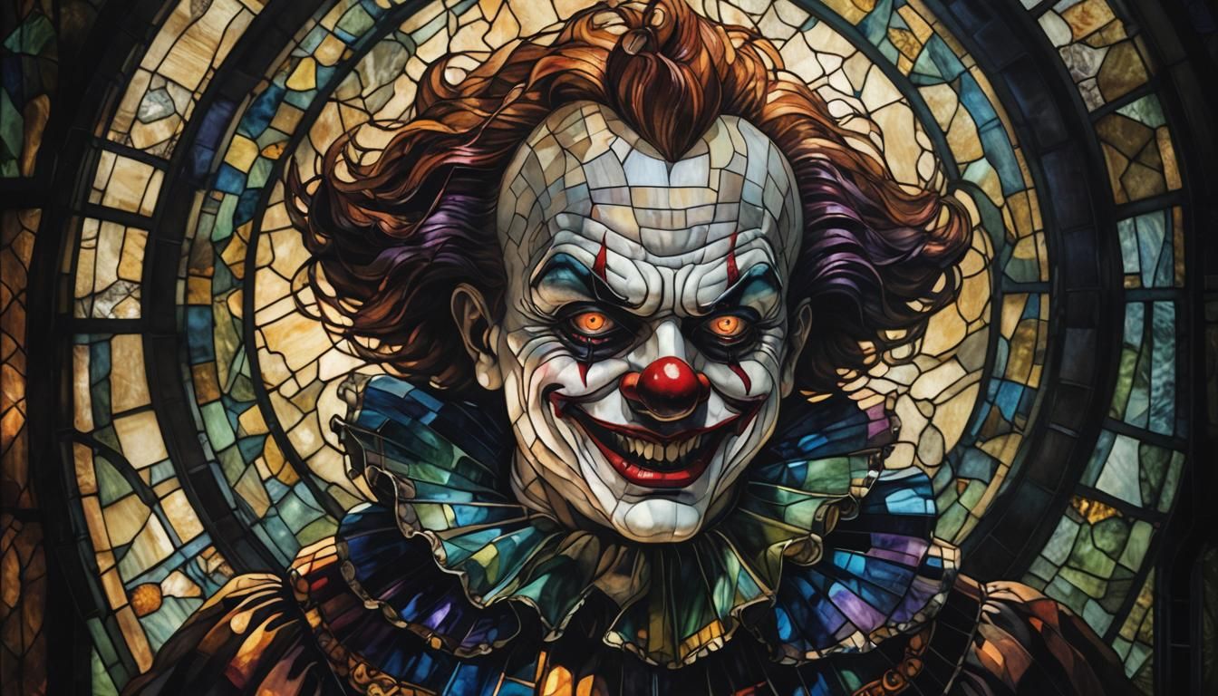 Ominous Clown in Stained Glass Mosaic Style