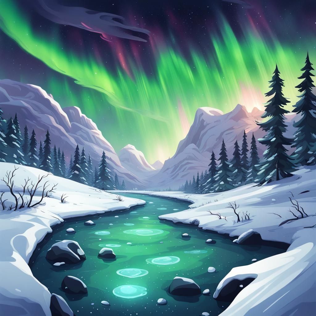 Cartoon Aurora and Galaxy Over Snowy River