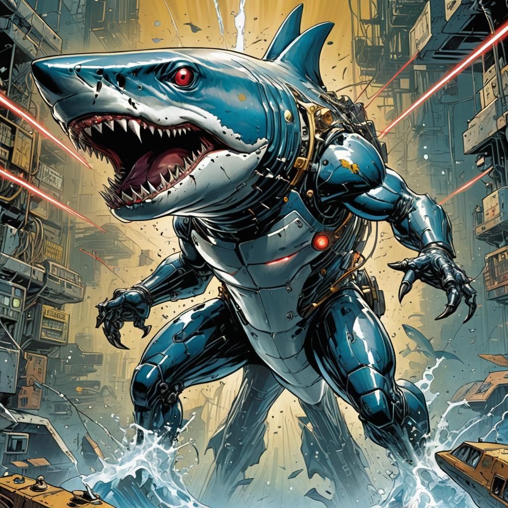 cybernetic shark with laser eyes, 1990's comic book art, art...