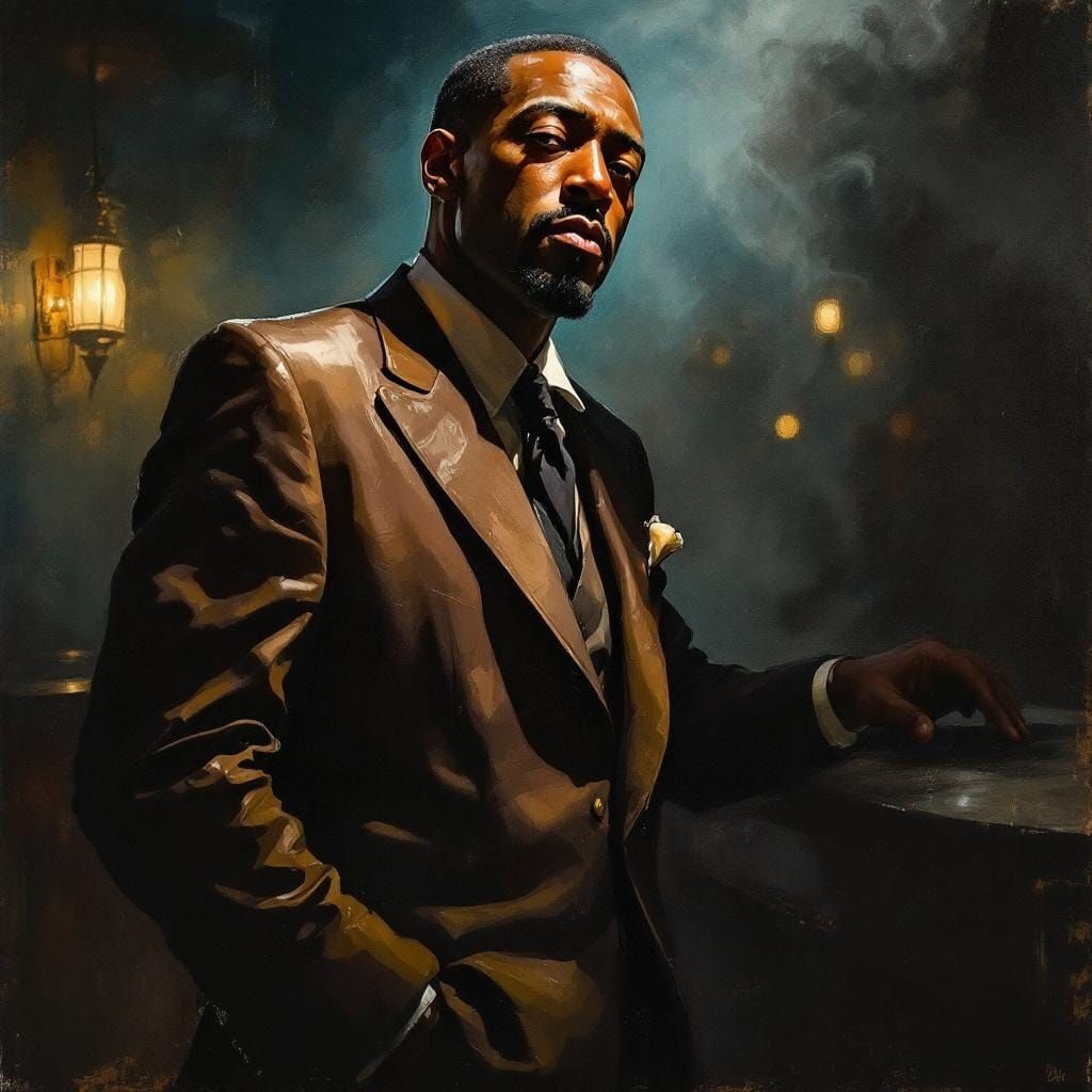 Jazz Musician in Smoky Club, Mixed Media Oil Painting