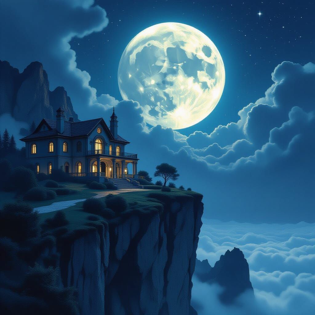 Luxurious Cliffside Villa Under Moonlight in Mystical Style
