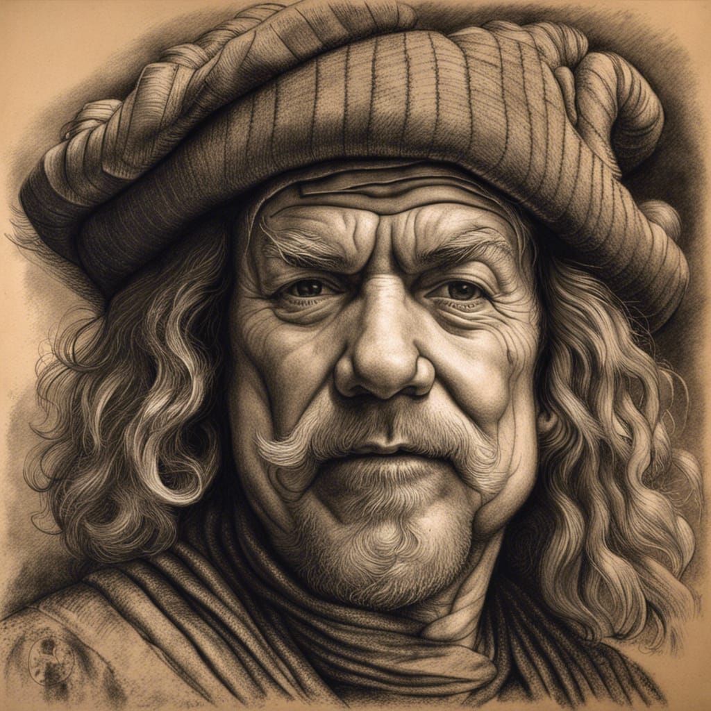 Giger Style Rembrandt Self-Portrait in Charcoal