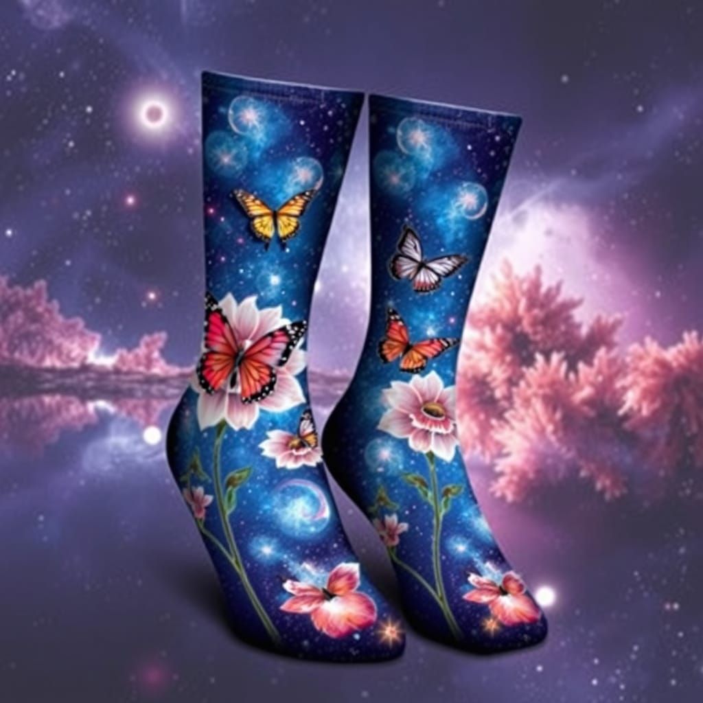 Galaxy Flowers and Butterflies on Socks in Space