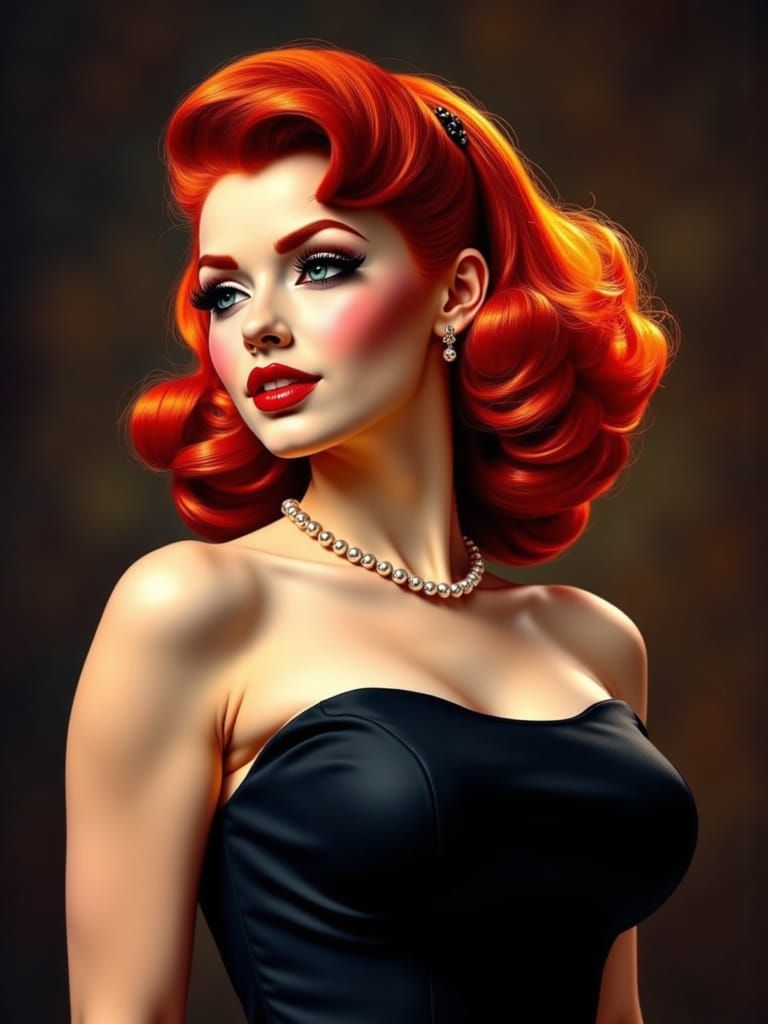 Voluptuous Redhead in Black Dress: 1950s Pin-Up