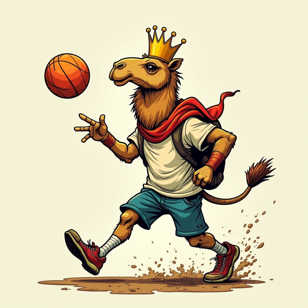 Regal Camel Throwing Dodgeball: Stylized Illustration