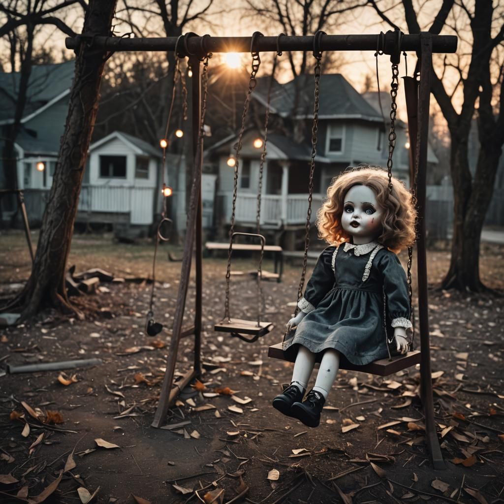 Eerie Porcelain Doll on Rusty Swing Set