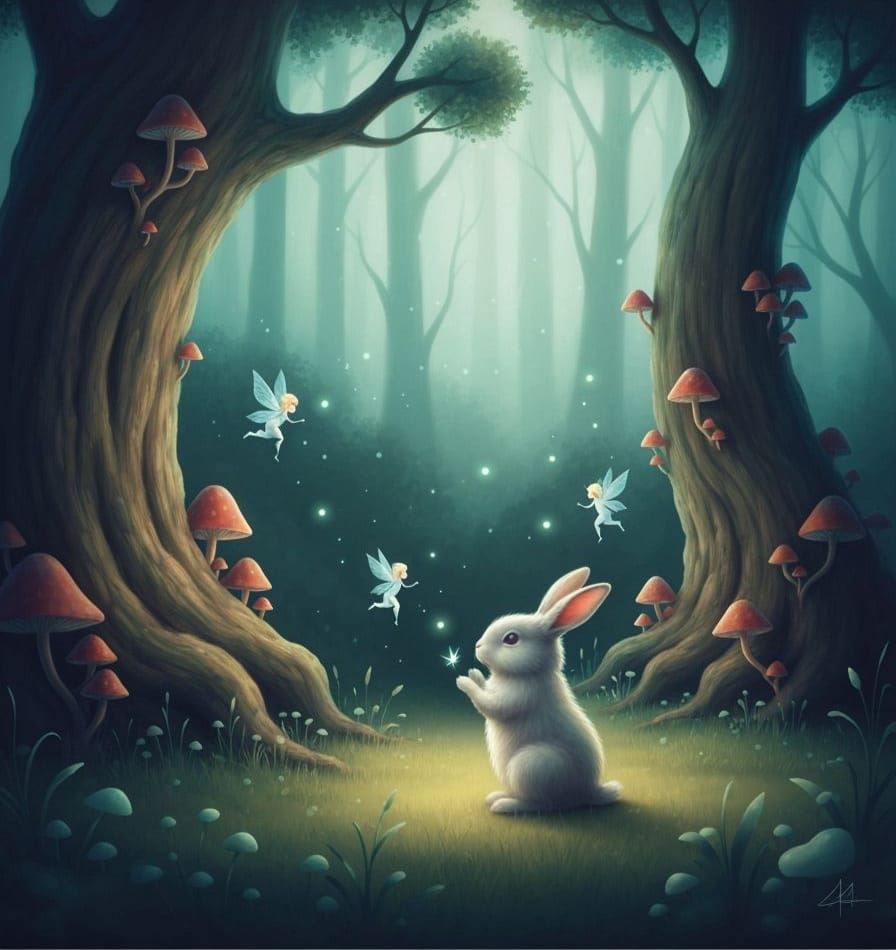 Enchanted Forest: Rabbit and Glowing Fairies in Airbrush Art