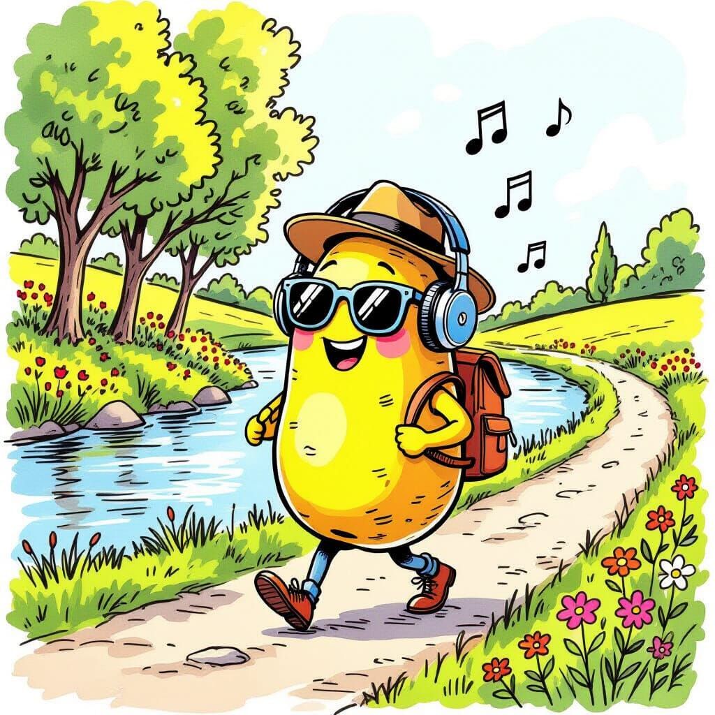Whimsical Potato Character Strolls Riverside in Watercolor S...