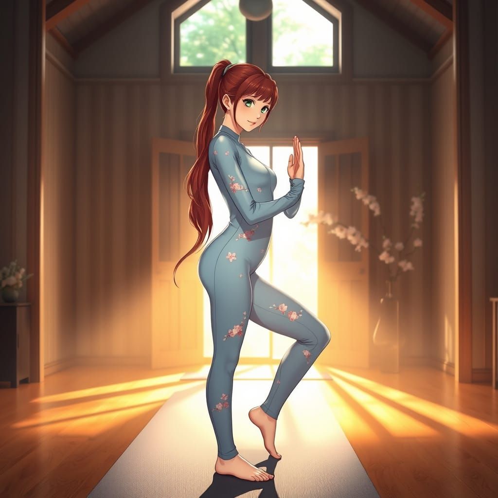 Japanese Yoga Goddess in Crescent Lunge Pose