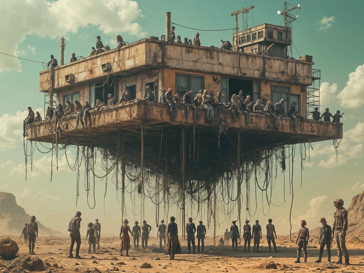 Grunge Alien Party Floats Over Barren Landscape