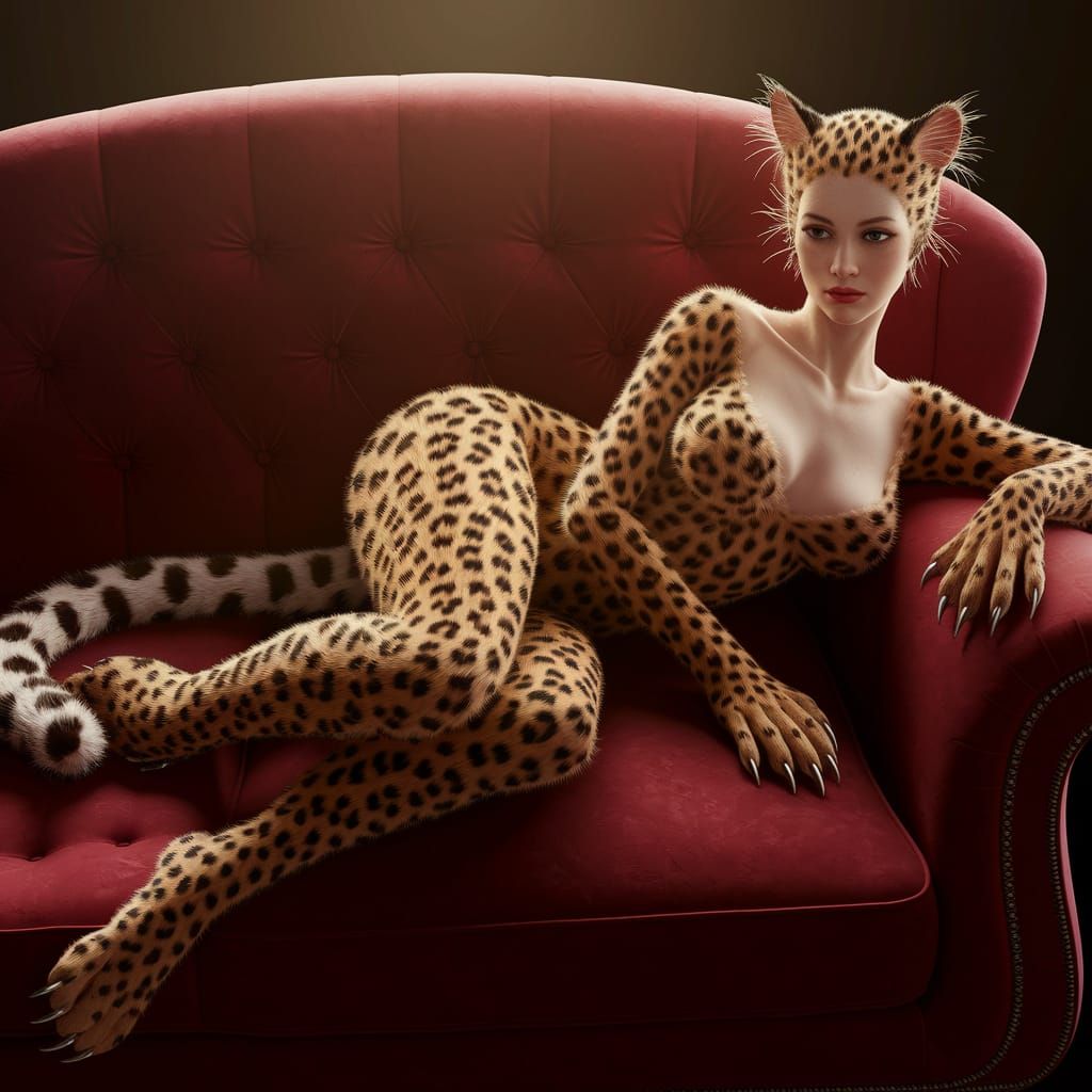 Stunning Woman-Lioness Hybrid in Golden Leopard Fur