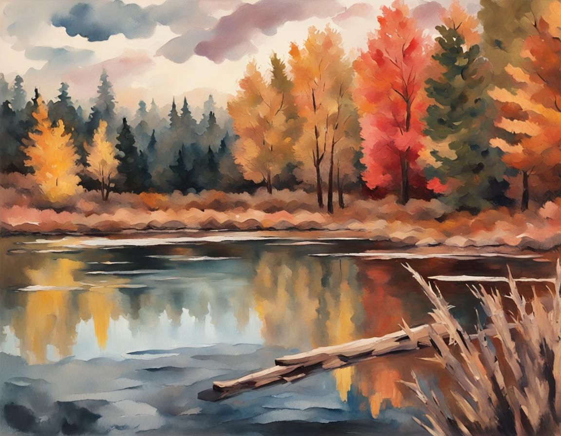 Vibrant Gouache Landscape of a Rustic Fall Lake in Impressio...