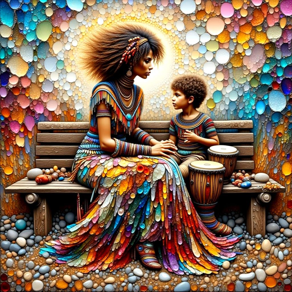 Stylish Boho Woman Plays Drums with Curly Haired Boy in Vibr...