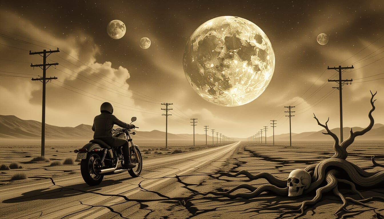 Lone Rider Approaches Sepia Moon Over Fractured Earth