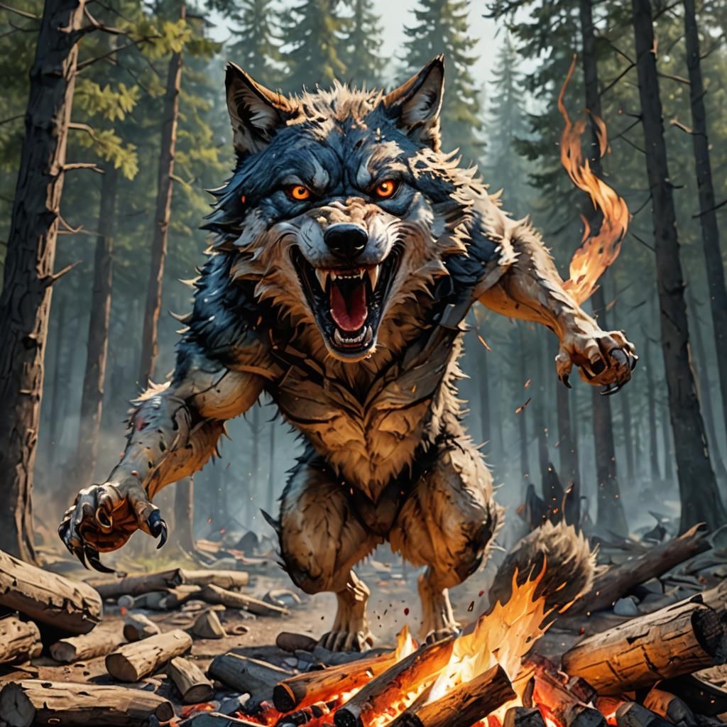 Angry Wolf at Campfire in Watercolor Style