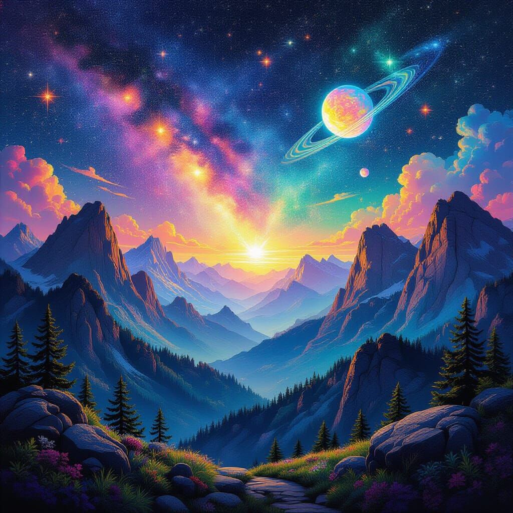 Psychedelic Abstract Mountain Planet in Starry Space