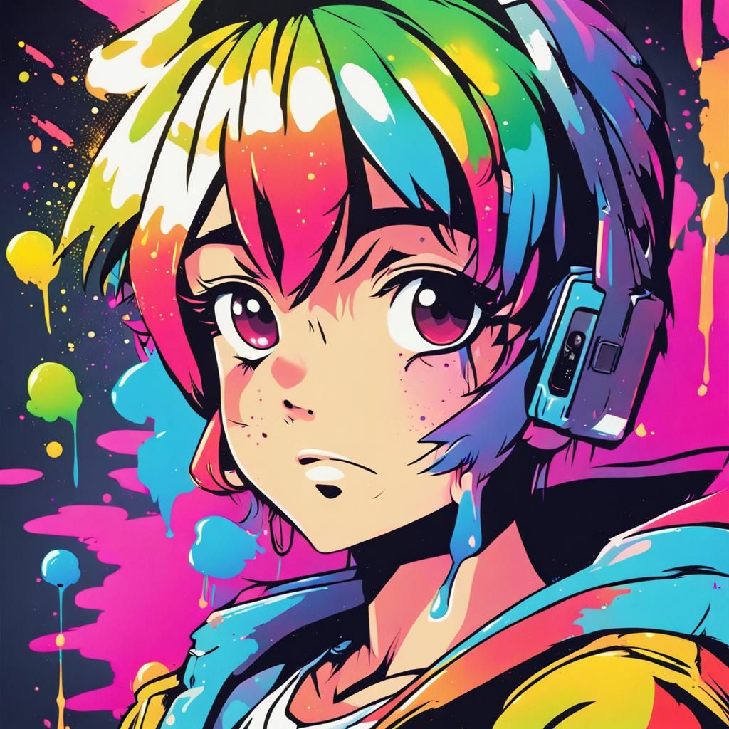 Colorful 90s Anime Graffiti Art with TV Noise