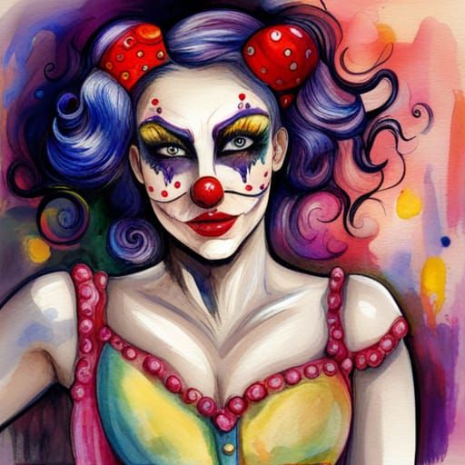 Watercolor Clown Woman in Circus Costume