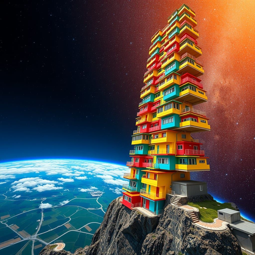 Fantastic Tower of Impossible Houses in Space