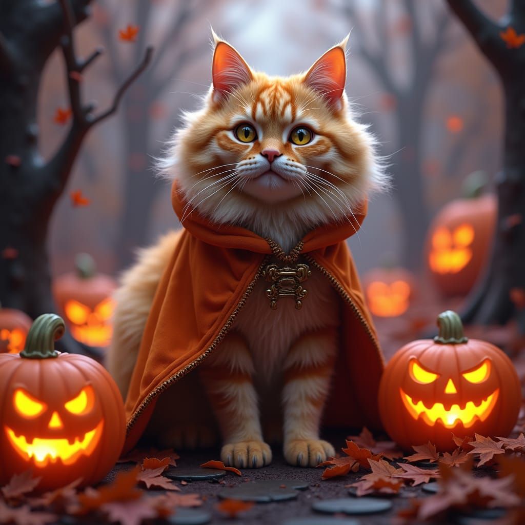 Majestic Blond Cat in Whimsical Halloween Setting