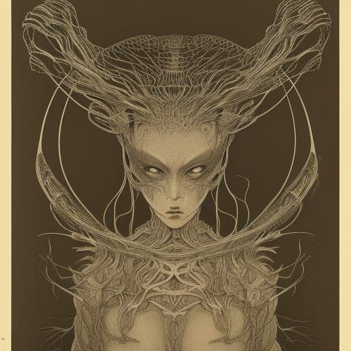 Alien Hive Queen: Technical Drawing in Dark Style