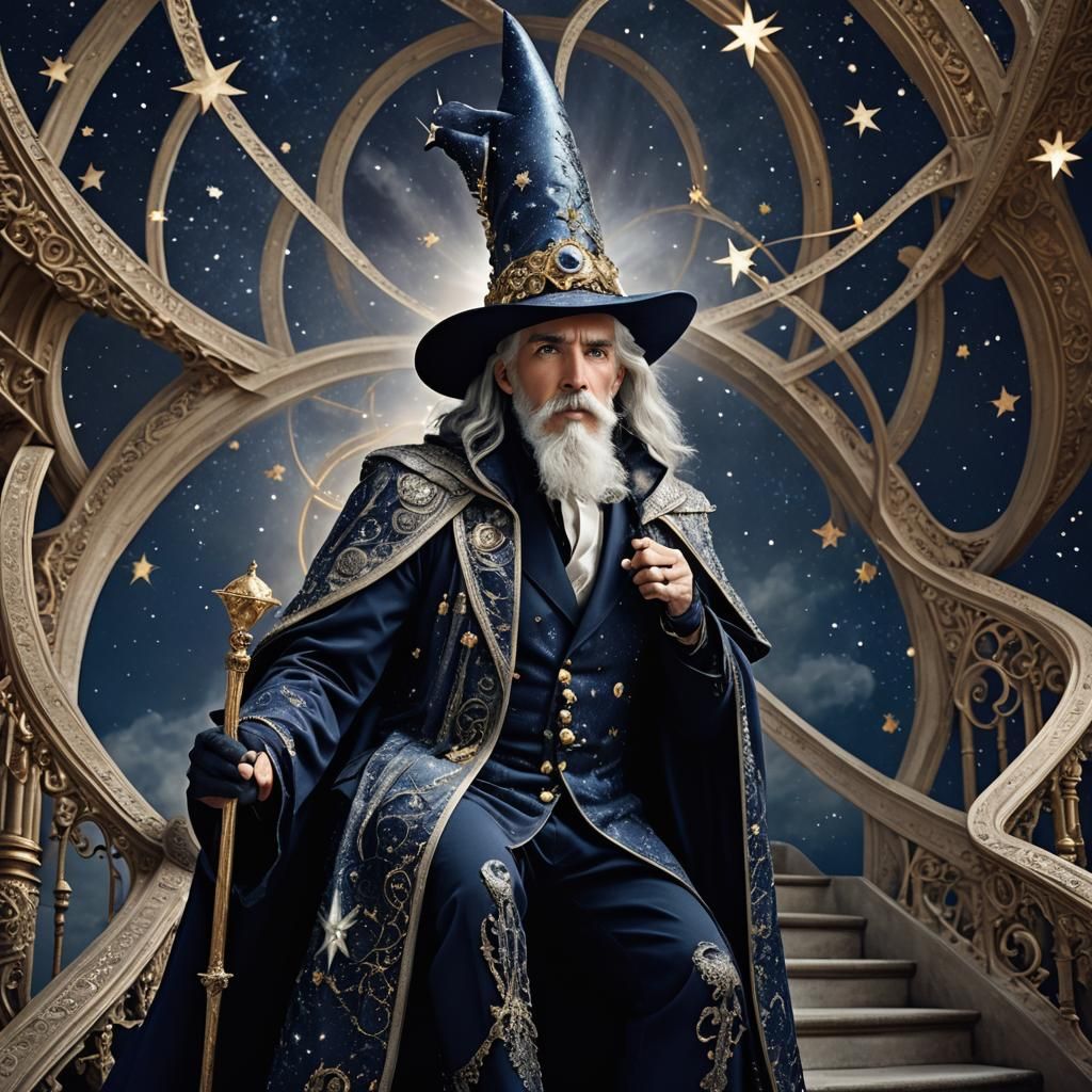 Merlin in Elaborate Navy Suit with Electrical Sparkles