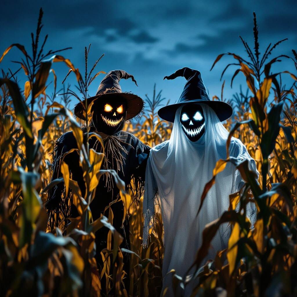 Ghostly Scarecrow in Haunted Cornfield at Night