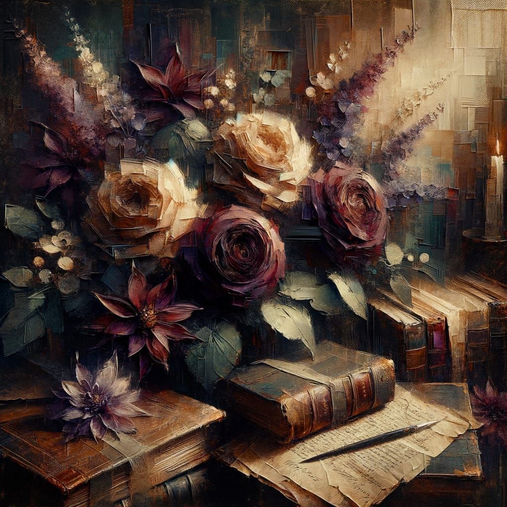 Dark Academia Floral Still Life as Acrylic Painting