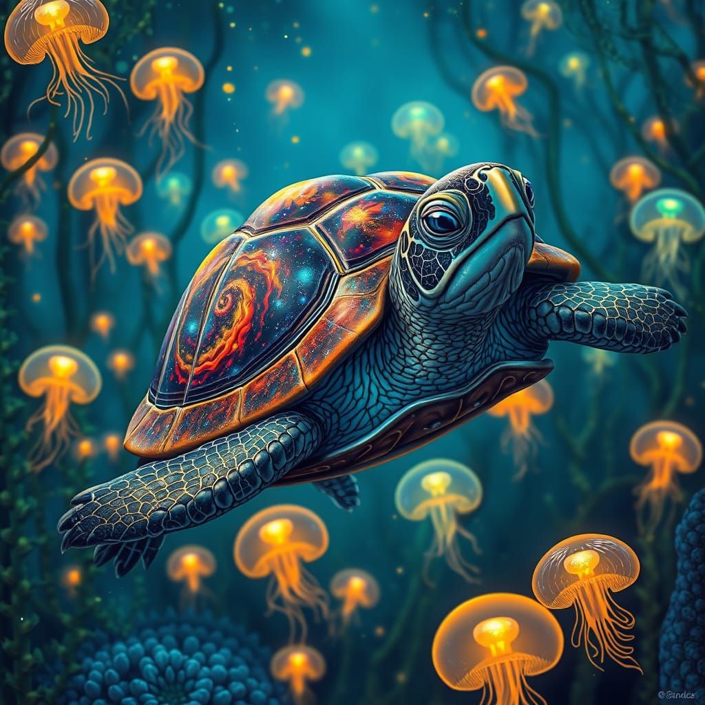 Ethereal Turtle Glides Through Bioluminescent Kelp Forest