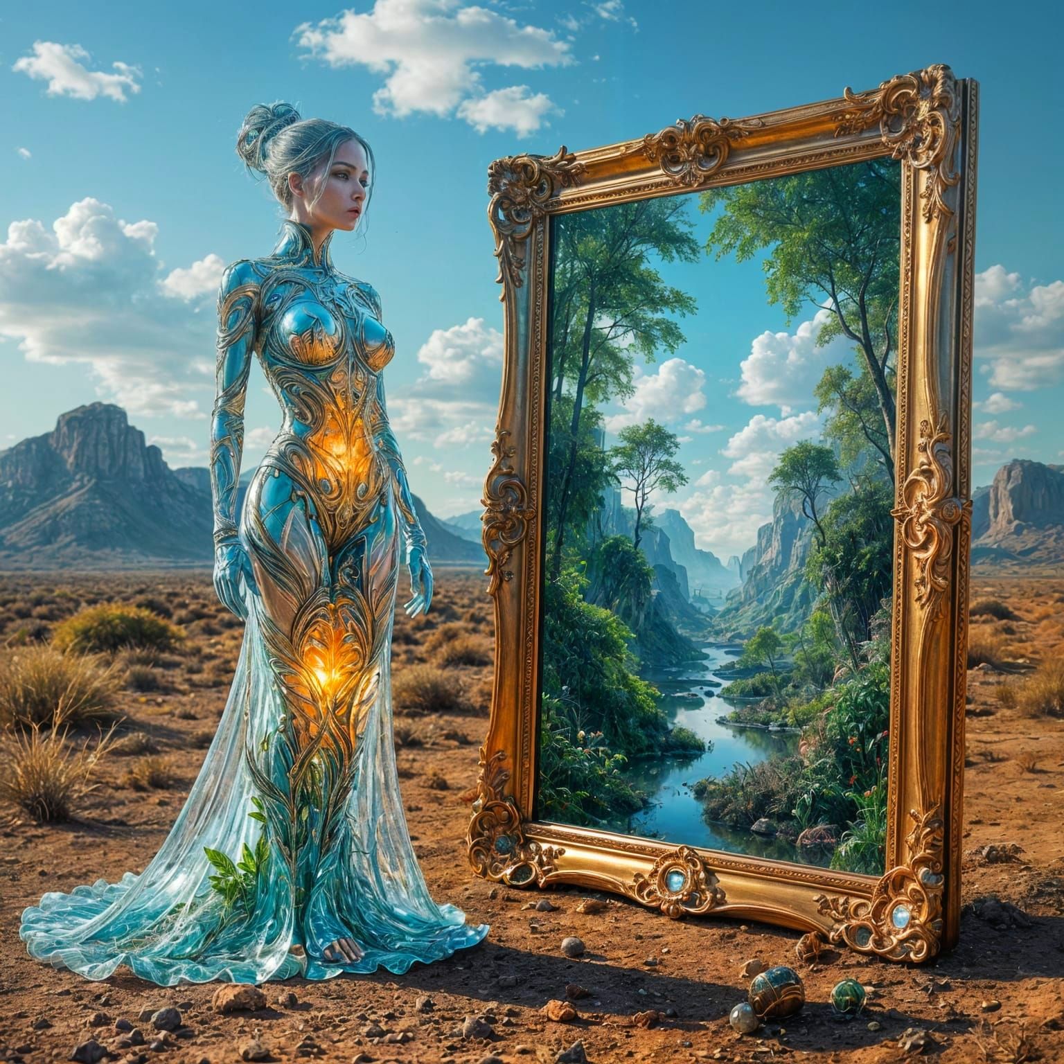 Surreal Glass Woman with Miniature Ecosystems in Digital Art