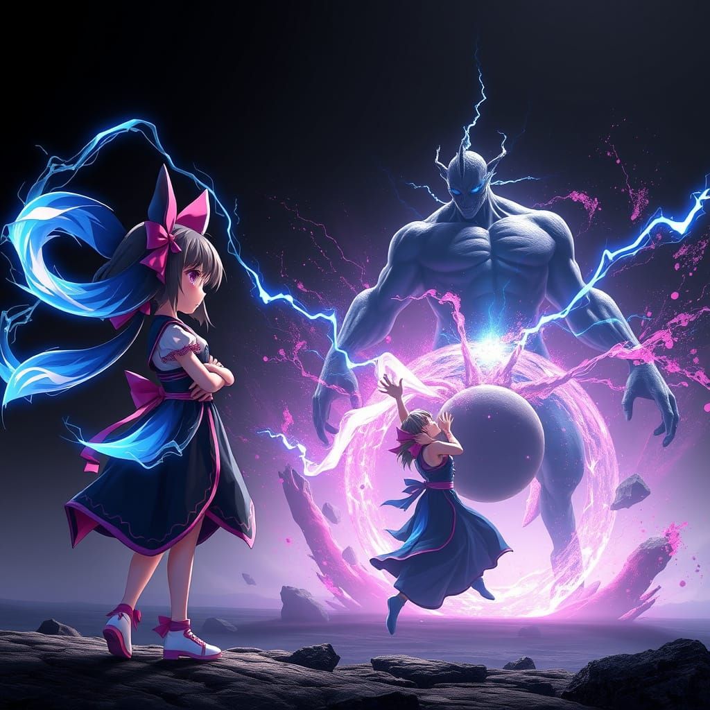 Epic Fantasy Scene: Neko Girl vs. Black Energy Beast in a Co...