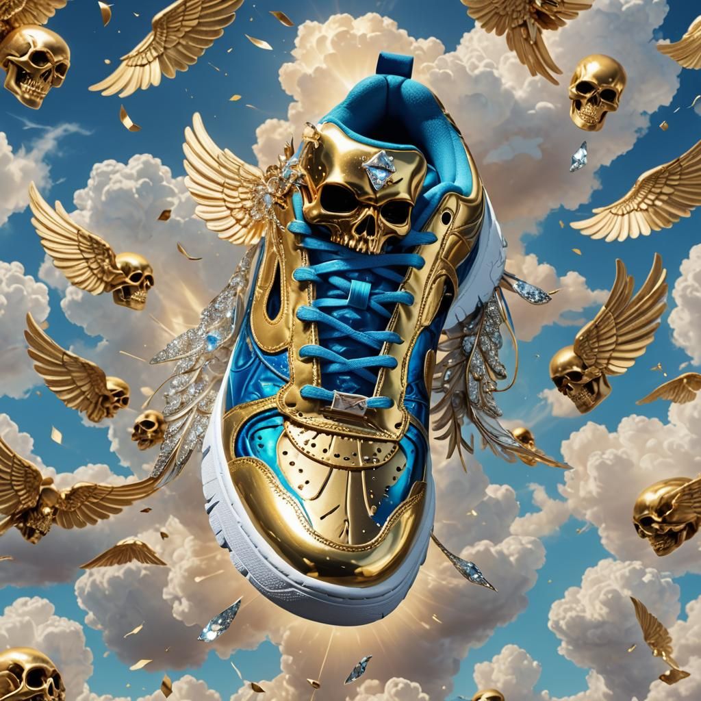 Opulent Gold Skull Sneakers with Angel Wings