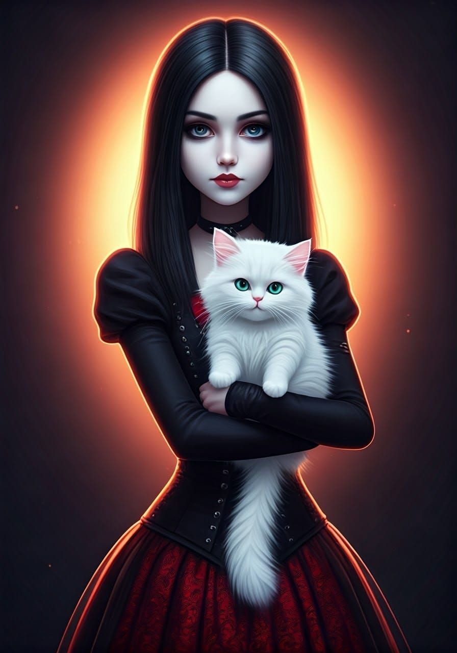 Gothic Girl with White Cat: 3D Digital Art
