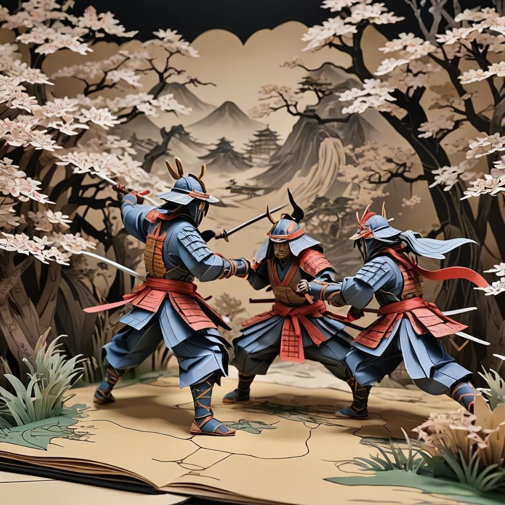 Samurai Battle in Pop-Up Book, Cel-Shaded Style