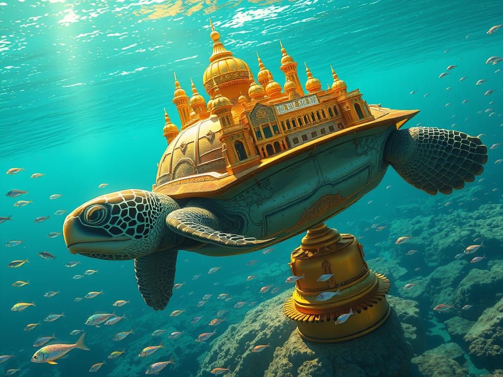 Colossal Golden City Sea Turtle Glides Through Crystal Ocean...