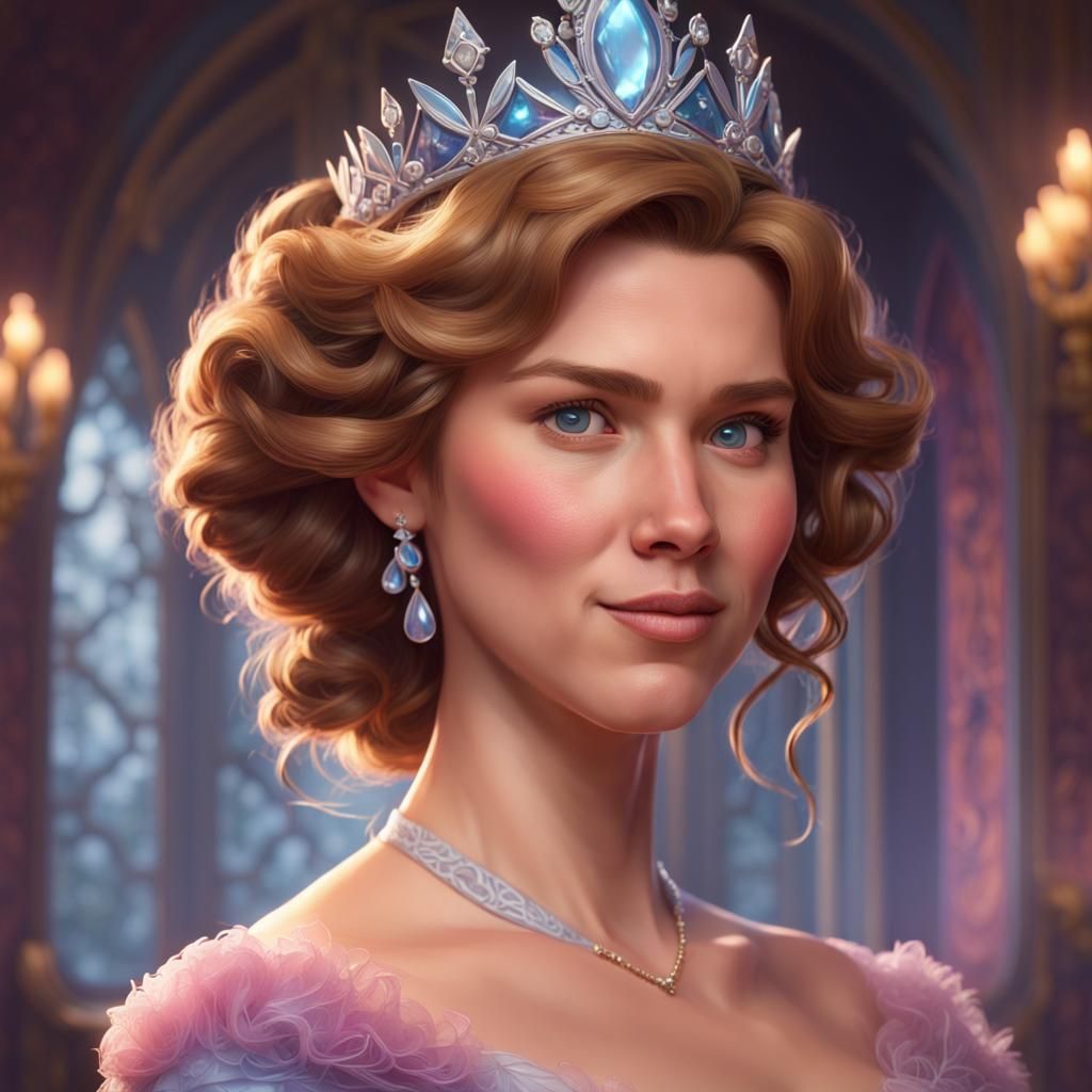 Disney Pixar style of Will Ferrell wearing a princess tiara and dress