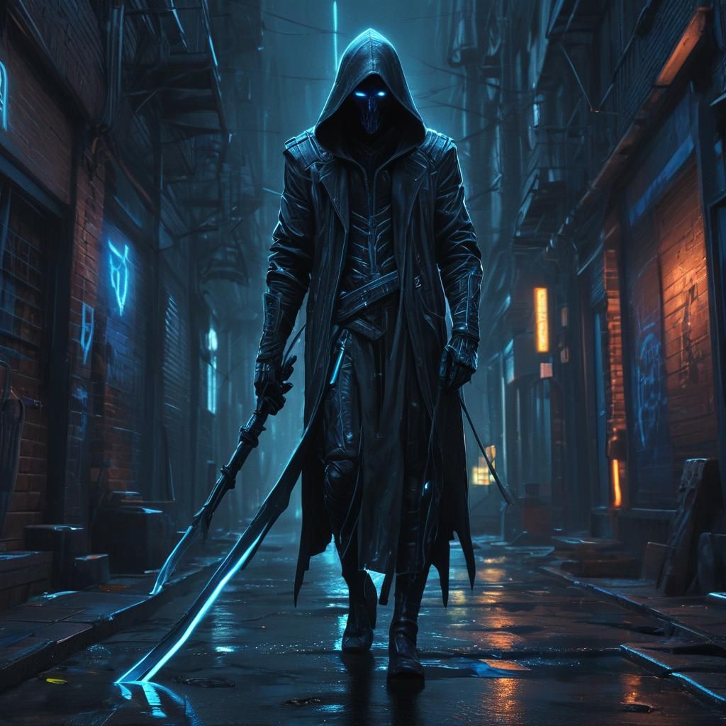 Neon Reaper in Cyberpunk Cityscape