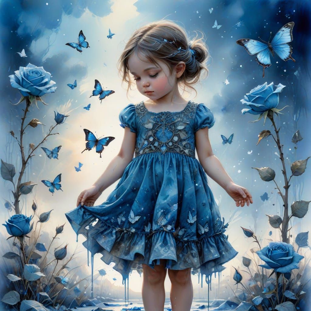 Toddler in Blue Dress with Blue Rose and Butterflies