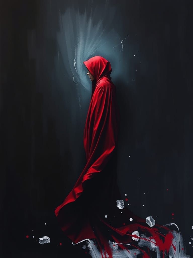 Mysterious Figure in Crimson Mantle, Ethereal Silence