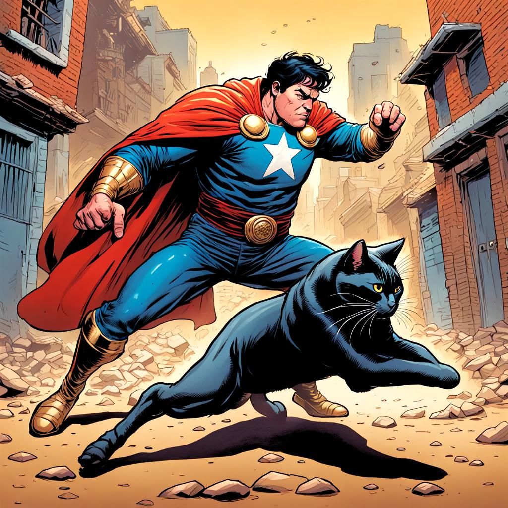 Superhero Bullfighter vs Villain Cat Comic Art