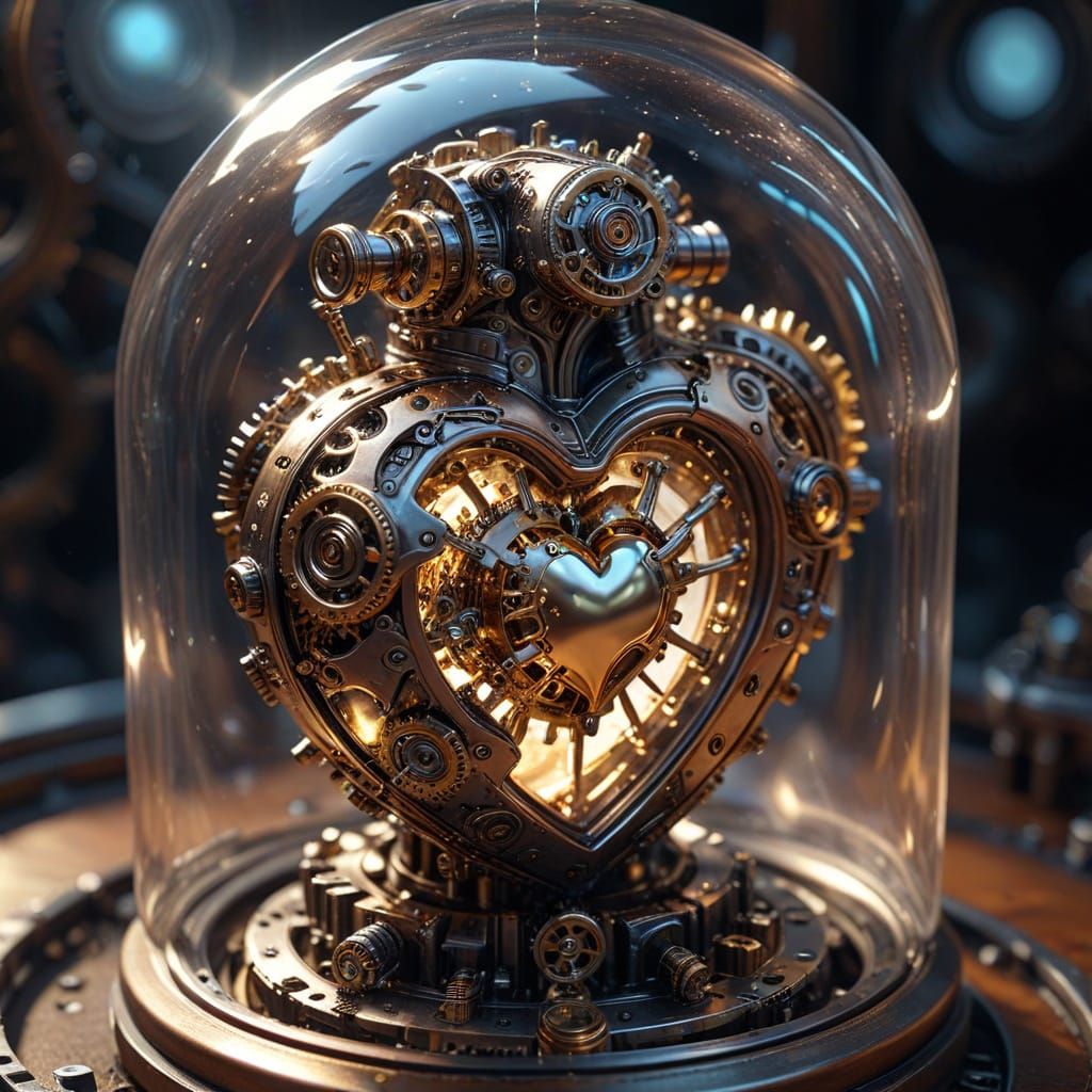 Astronaut's Chrome Heart Beats in Steampunk Glass Case
