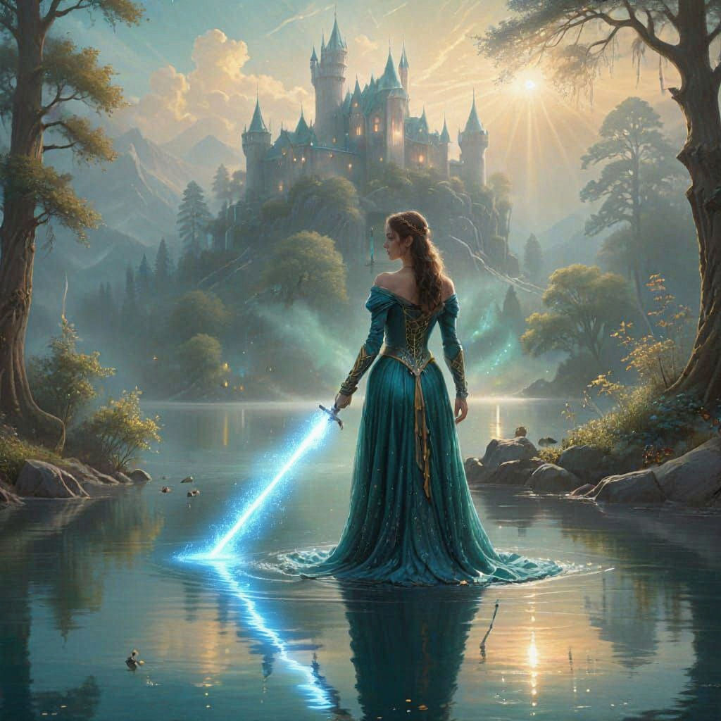 Lady of the Lake with Glowing Sword in Mist