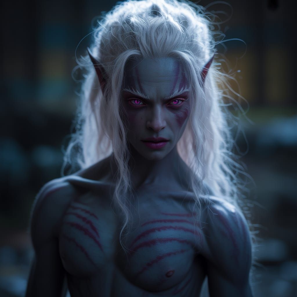 Muscle-Bound Drow Warrior with White Hair, Cinematic Film St...