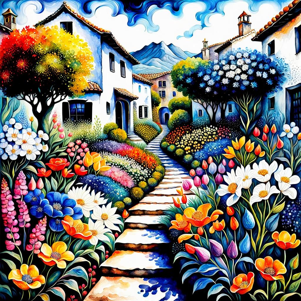 Colorful Garden in Black and White Scenery