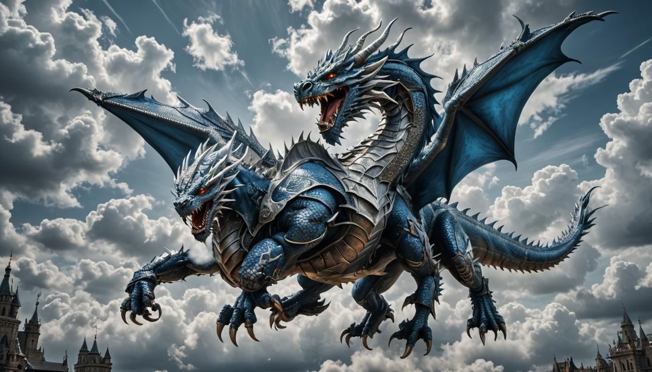 Armored Dragon Ascends Through Cloudy Skies