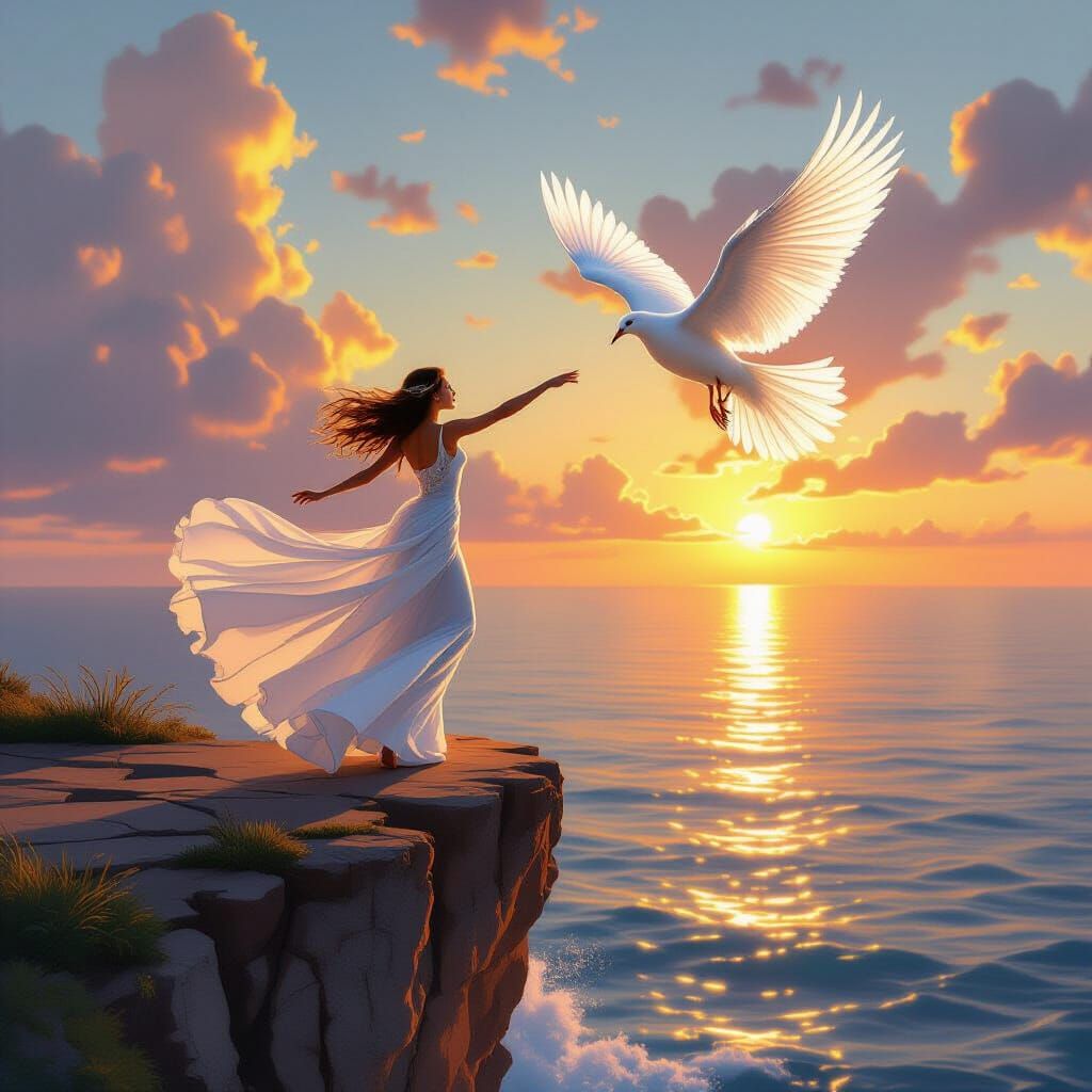 Woman Transforms into Bird Over Ocean at Sunset