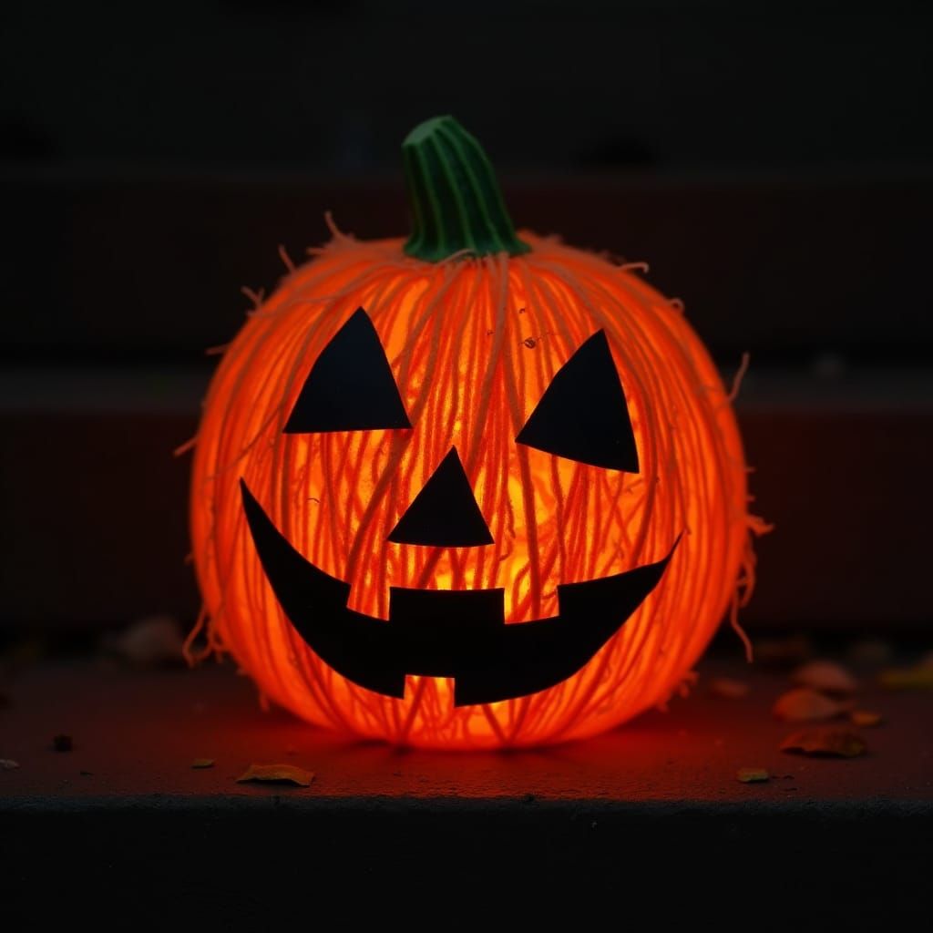 Scary Yarn Jack-o-Lantern on a Dark Porch
