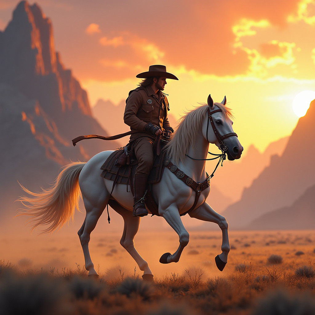 Majestic Cowboy Chases Sunset on a White Stallion