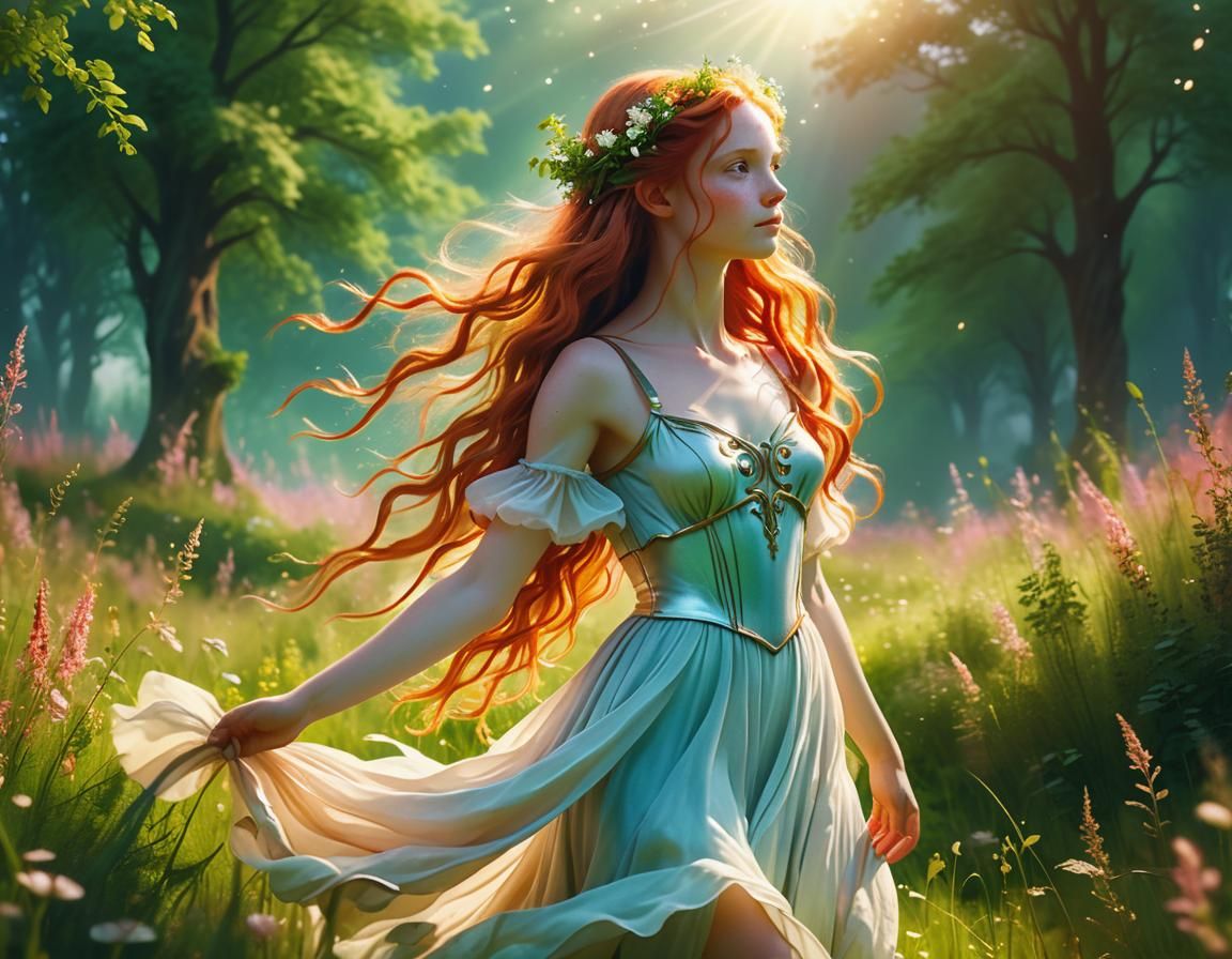 Young Centaur Girl in Lush Meadow, Digital Art