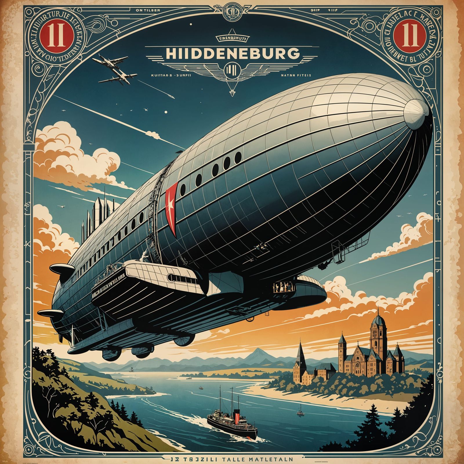 Hindenburg Zeppelin Vintage Travel Poster in Comic Art Style